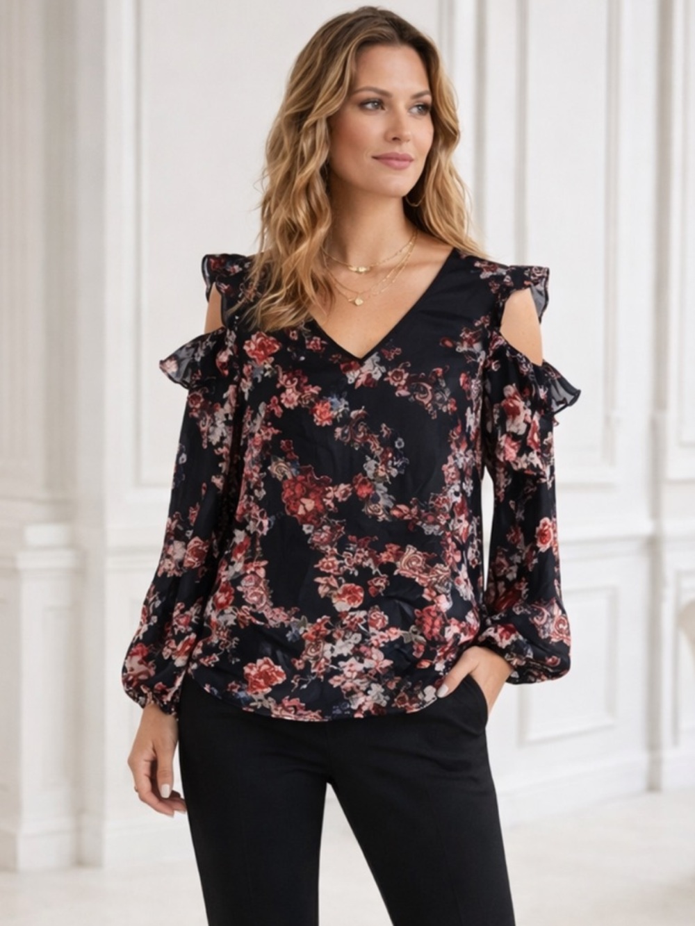 White House Black Market Floral Cold Shoulder Blouse – Size 10 –